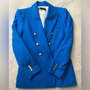 Cobalt blue blazer with gold buttons